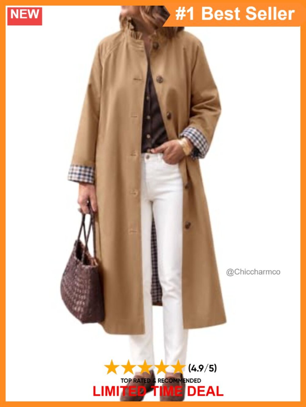 Oversized Ruffle Collar Trench Coat Plaid Lining Button Down